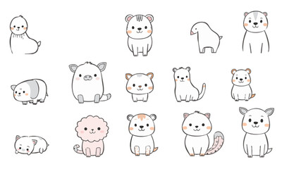 Cute animal doodles featuring various adorable creatures in playful style, including seal, bear, sheep, and more, perfect for children illustrations or designs
