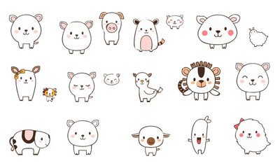 Obraz premium Cute animal doodles featuring various adorable characters like sheep, pigs, and lions, perfect for children designs and playful themes