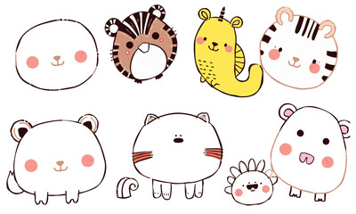 Cute animal doodles featuring variety of adorable characters including bear, raccoon, unicorn, and more, perfect for children illustrations or playful designs