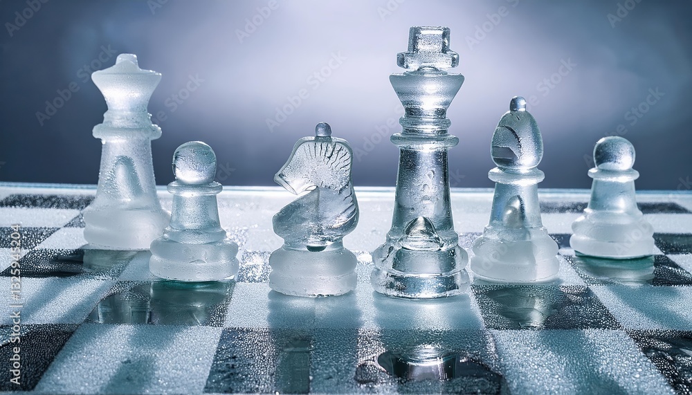 Poster elegant glass chess pieces arranged on a chessboard with a bright background highlighting their tran