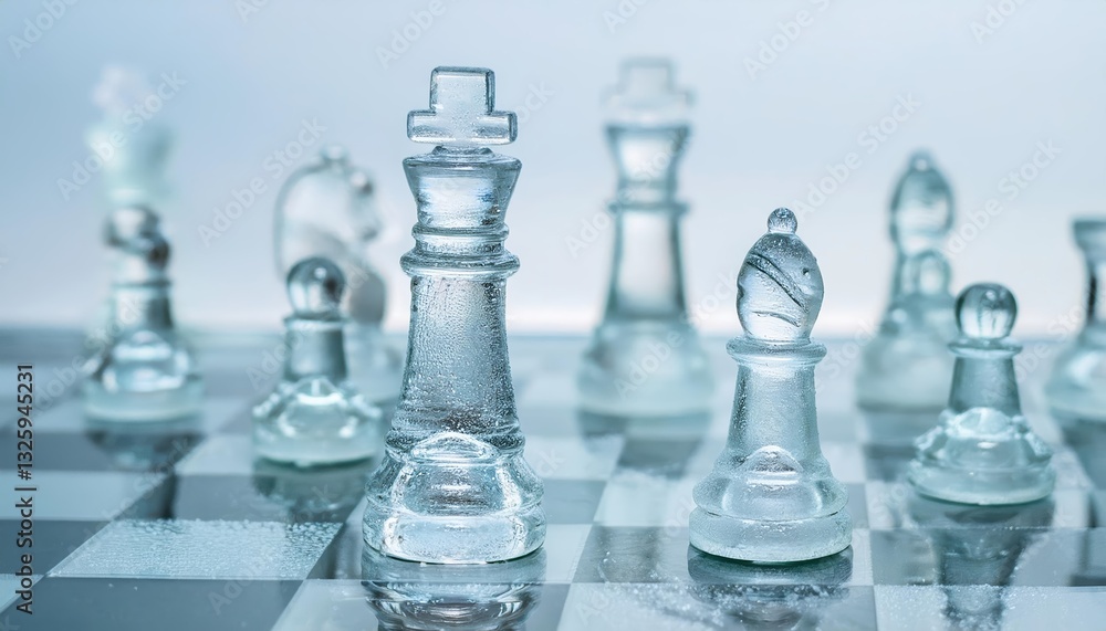 Poster glass chess pieces arranged on a stylish board create a unique visual experience in a bright environ