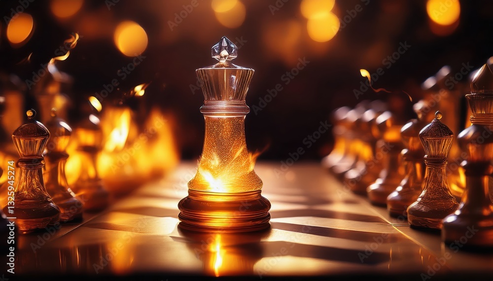 Poster firefly chess pieces illuminate a board with flames, creating a magical balance of light and shadow 