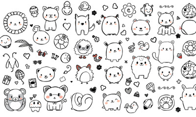 Obraz premium Cute animal doodles featuring various adorable characters and playful designs. This collection includes bears, cats, dogs, and other whimsical creatures, perfect for adding charm to any project