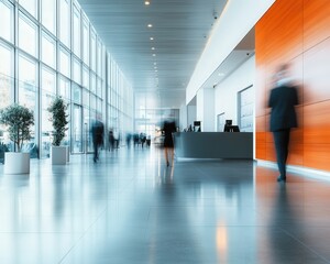 Obraz premium A modern event space with a reception desk, blurred motion of professionals arriving