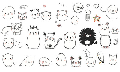Cute animal doodles featuring various adorable creatures like cats, dogs, and more, perfect for children illustrations or playful designs