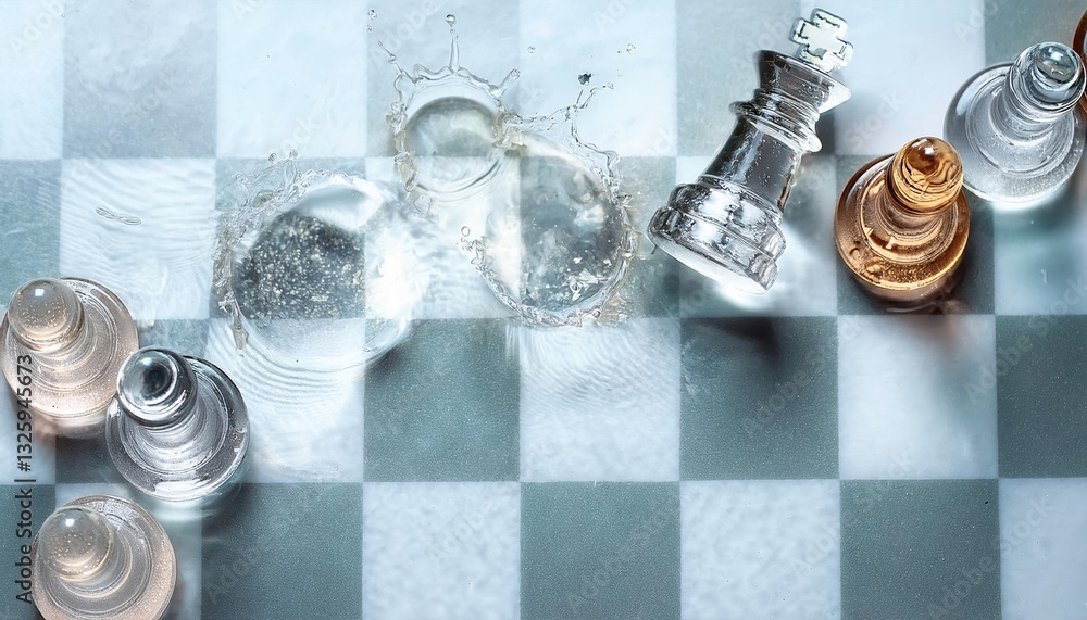 Poster fireflies created with water and chess pieces symbolize resistance in a tranquil setting with splash