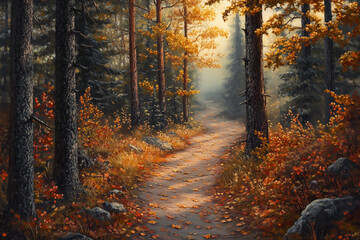 Fototapeta premium Herbstlicher Waldweg – Goldene Blätter und warmes Sonnenlicht