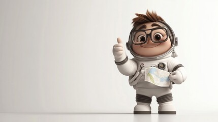 Cheerful cartoon astronaut giving thumbs up, holding map.