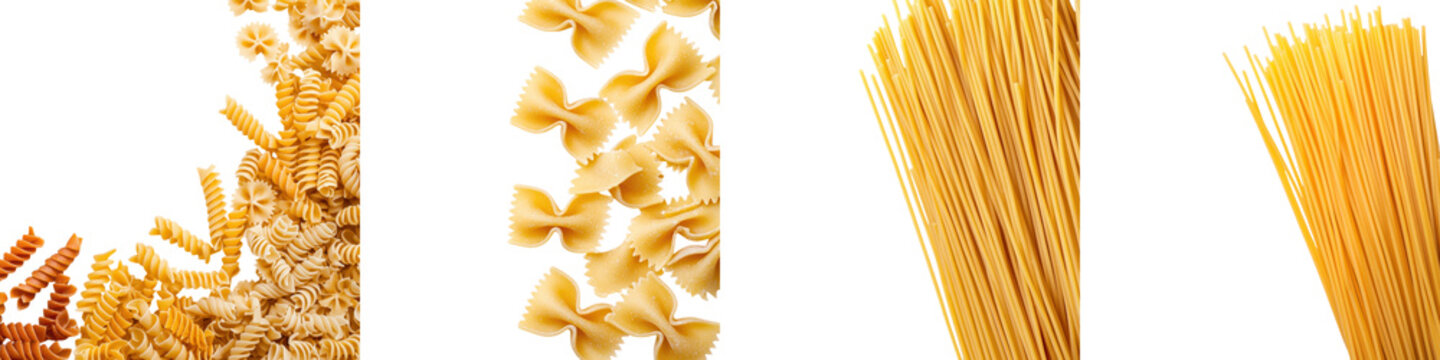 Assortment of Various Dried Italian Pasta Shapes and Types Including Spaghetti Penne Farfalle Rigatoni Tagliatelle and More Arranged on a Plain White Background