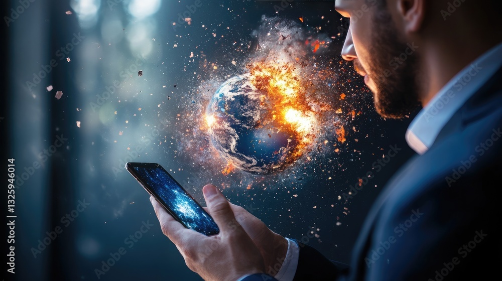 Aufkleber a businessman viewing his smartphone with an image of a chaotic earth exploding inside the screen, r