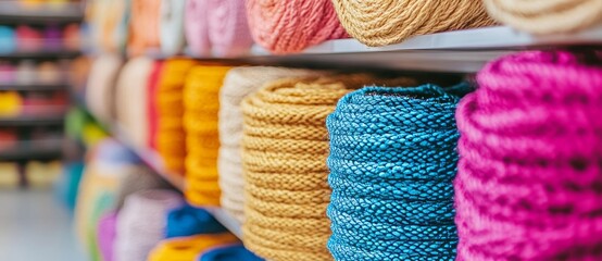 A textile warehouse features shelves with wool rolls, arranged to highlight various colors and textures intended for fabric retail or manufacturing