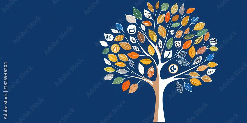 Poster a stylized tree with colorful leaves and icons on a blue background, symbolizing nature and diversit