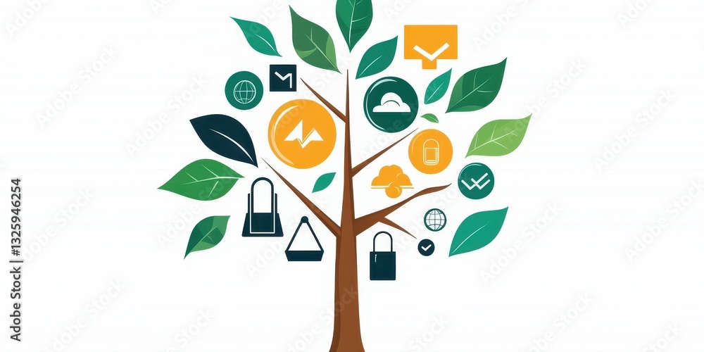 Aufkleber A stylized tree with various icons representing technology and communication, symbolizing growth and interconnectedness in the digital age.