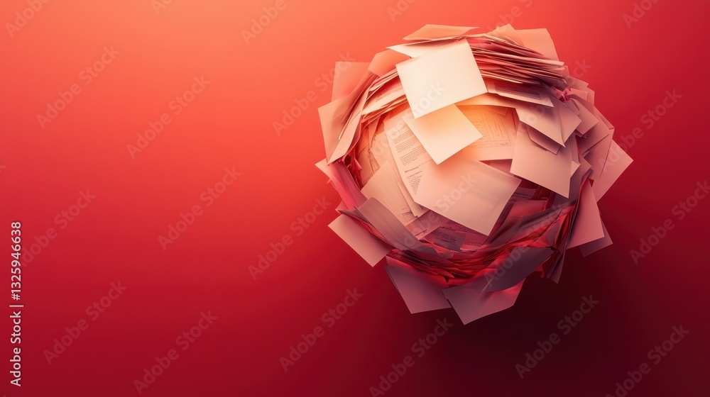 Poster an abstract composition featuring a spherical shape made of layered paper, set against a vibrant red
