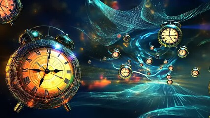 Surreal depiction of floating clocks in a cosmic setting, illustrating the concept of time travel