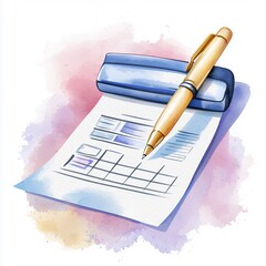Gold Pen on Blue Checkbook Watercolor Illustration