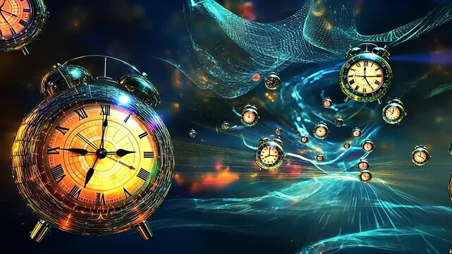 Surreal depiction of floating clocks in a cosmic setting, illustrating the concept of time travel