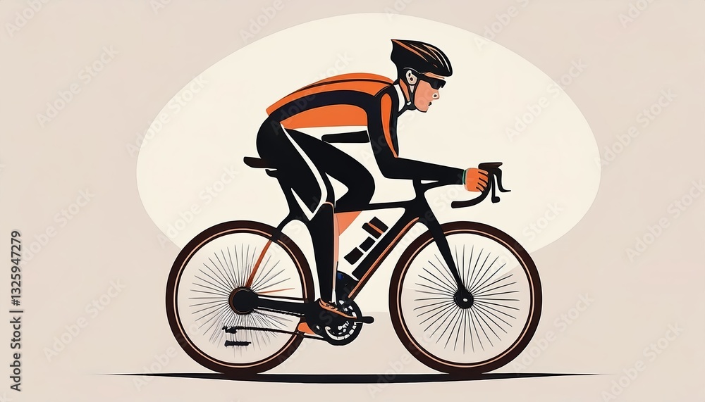 Poster cyclist in minimalist design riding on a road with a whimsical touch representing passion for cyclin