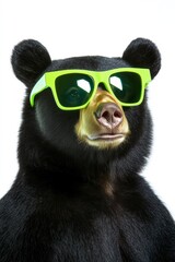 Fototapeta premium Bear wearing sunglasses looking stylish and cool against white background, playful animal photography ideal for wildlife blogs and social media content.