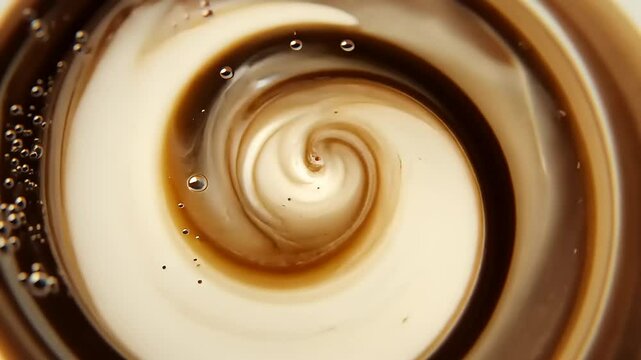 Swirling mixture of cream and coffee creates a visually captivating pattern in a cup