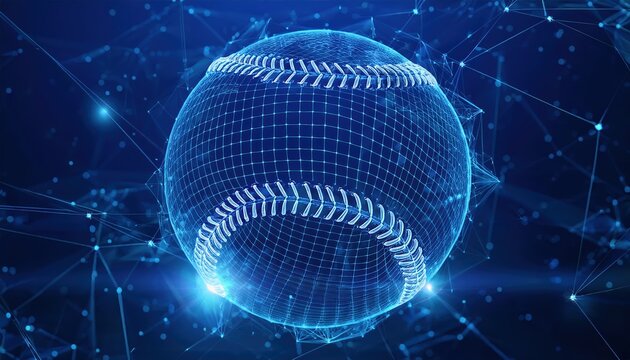 Wireframe design of a baseball with blue background demonstrating technology and sports visualization in a digital format - Powered by Adobe