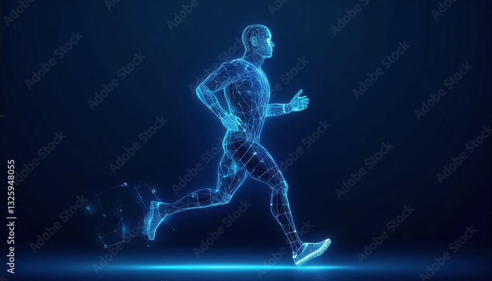 Poster dynamic representation of middle distance running in a futuristic wireframe design with blue backgro