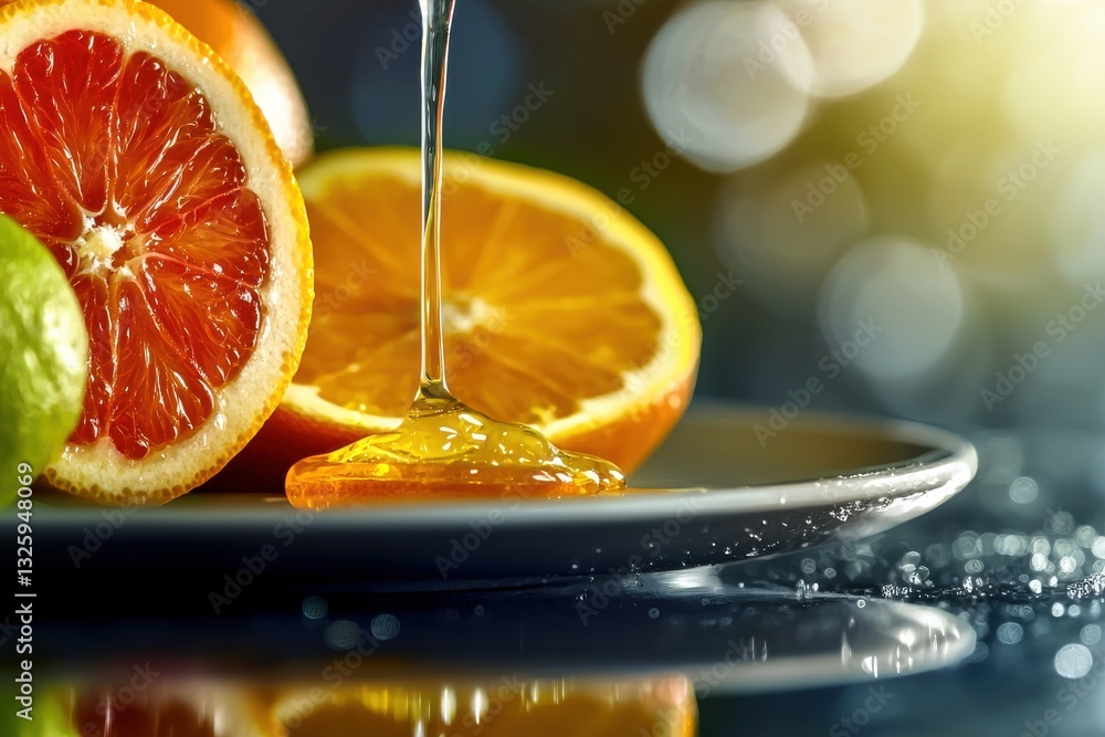 Poster close up shot of fresh citrus fruit, including oranges and limes, with honey being drizzled on them,