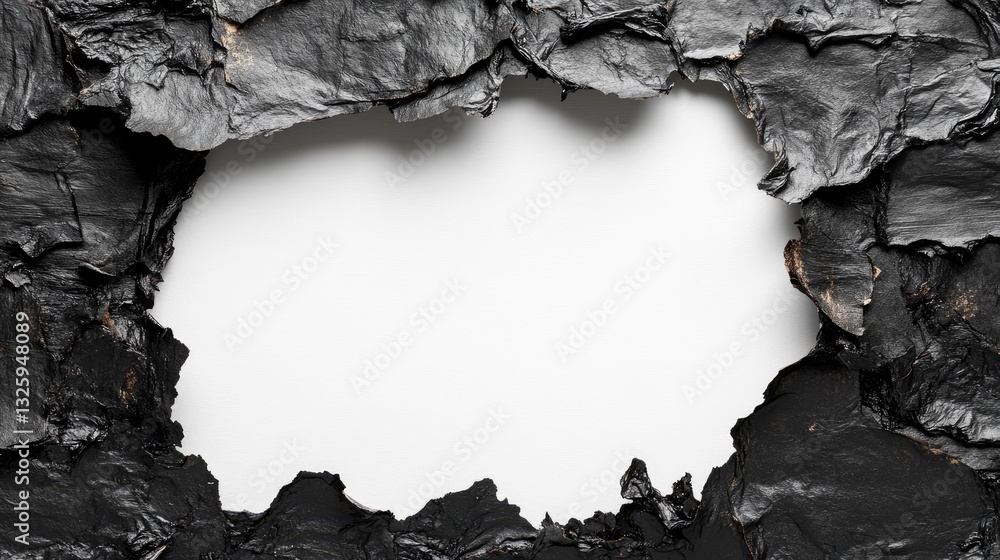 Poster a close-up of a burnt hole in a paper frame, showing the charred edges and texture, isolated on a wh