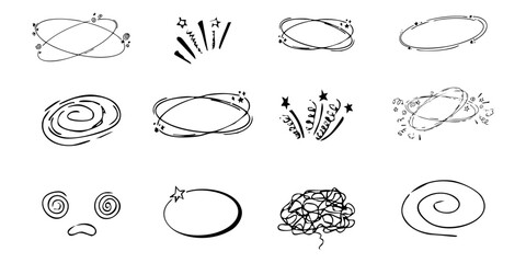  Dizzy effect, headache, sick drawing doodle comic set. dizziness faces, stars overhead anime emotions, crazy hand drawn line collection.
