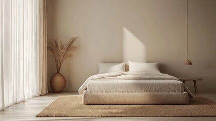 Elegant minimalist bedroom with a neutral color scheme and a simple floor mattress.