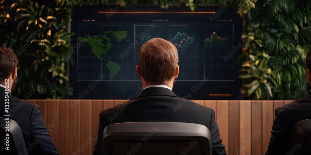 Poster A group of professionals in suits observes data displayed on a large screen, surrounded by greenery in a modern office setting.