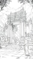 Monochrome forest scene with waterfall effect flowing from elevated position surrounded by trees with light and shadow play