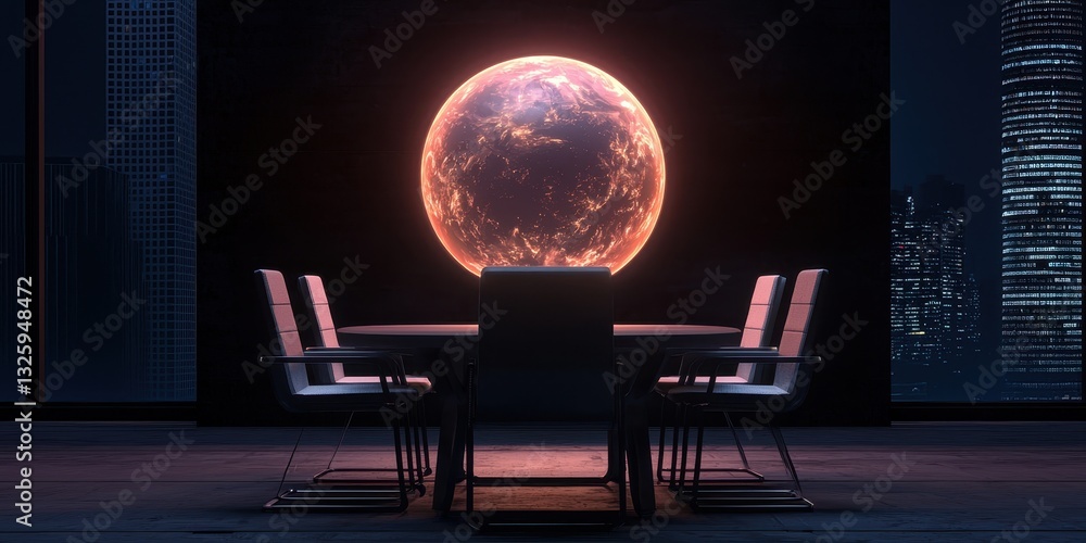Poster a futuristic conference room with a glowing celestial body in the background, creating an otherworld