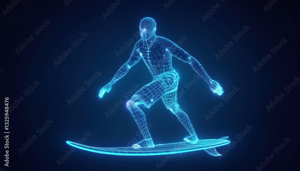 Poster dynamic wireframe of a surfer riding a wave on a surfboard against a blue background showcasing the 