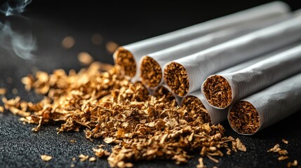 A close-up of a pile of tobacco, rolling paper, and filters isolated on a black background, highlighting the materials for rolling cigarettes or cigars
