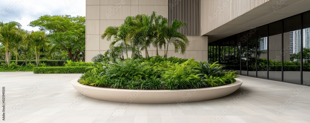 Poster a modern building features a circular planter filled with lush greenery, surrounded by a spacious, p