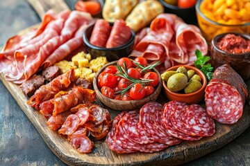 A tempting charcuterie board featuring a variety of cured meats, cheeses, tomatoes and olives, artfully arranged on a rustic wooden surface for a delicious snack.