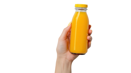 Woman hand holding glass juice bottle with yellow cap on transparent background