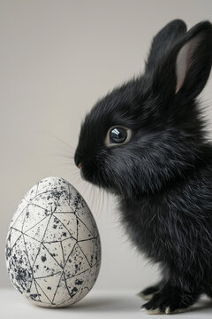 Minimal Easter wallpaper with black rabbit looking at an egg that has designs of sacred geometry and paint splatters on it.