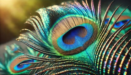 Obraz premium Peacock feather macro with iridescent blue and green hues showcasing intricate details