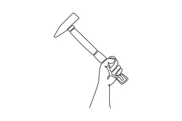 Continuous one line drawing hand of professional male carpenter holding hammer steel in workshop. Handyman tools for home construction renovation. Single line draw design vector graphic illustration