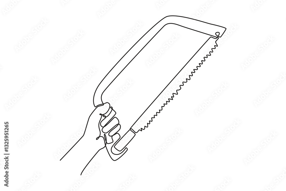 Poster single continuous line drawing hand of labor building holding hacksaw on working site. handyman tool