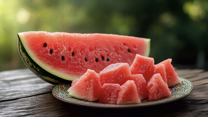 slice of watermelon on wooden table