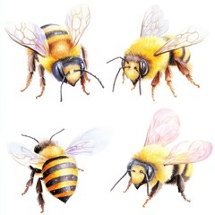 Four illustrated bees showcasing various species with vibrant colors and distinct features, emphasizing their importance in nature.