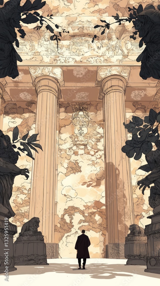Poster silhouette figure approaching grand architectural structure amidst foliage under warm sunlight creat