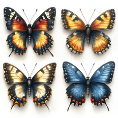Obraz premium Four beautifully designed butterflies showcase vibrant colors and intricate patterns, highlighting the beauty of nature.