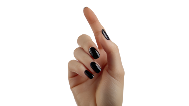 Woman hand pointing with index finger and black nail polish on transparent background