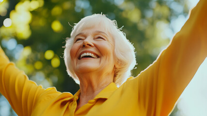 Joyful senior woman celebrating life outdoors in vibrant yellow attire during sunny daytime in a lush park setting