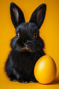 Minimal Easter card with black rabbit with a yellow Easter egg on the side, against a yellow background. Cute animal cover