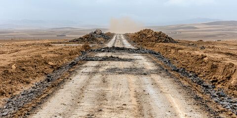 road under construction with visible dirt piles and dusty landscape